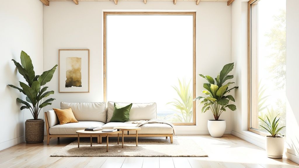 A modern living room with large windows tinted to reduce glare and heat, showing a clear view outside.