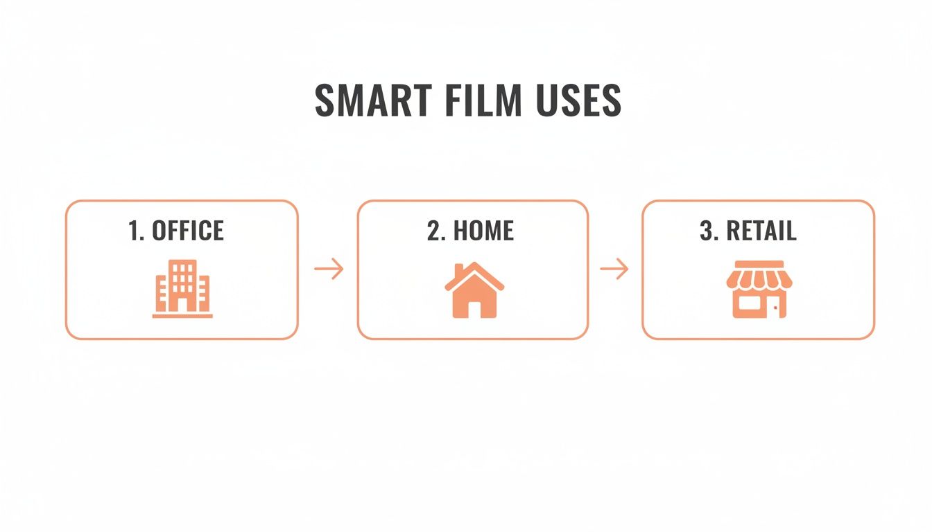 Infographic showing smart film uses in three categories: office, home, and retail, with corresponding icons.