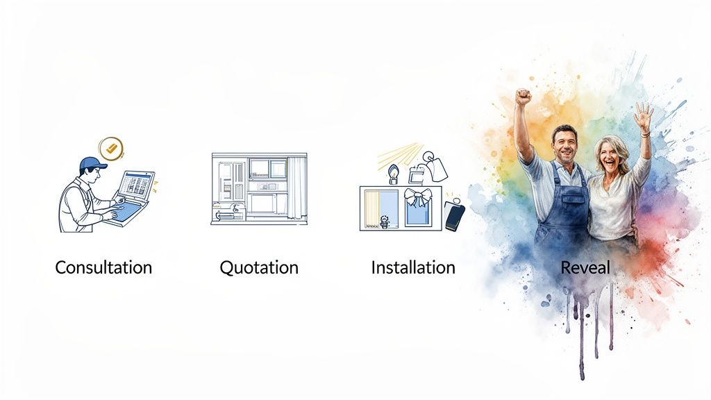 Four steps to kitchen transformation: consultation, quotation, installation, and happy reveal.