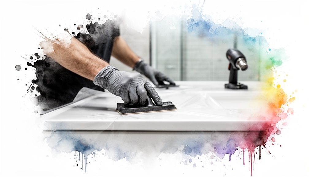 Hands in grey gloves smooth protective film onto a white surface, showcasing the wrapping process.