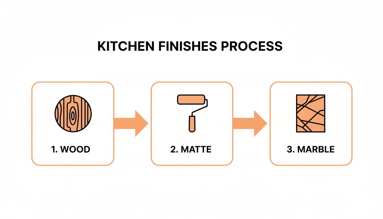 A diagram illustrating the kitchen finishes process with three steps: wood, matte, and marble.