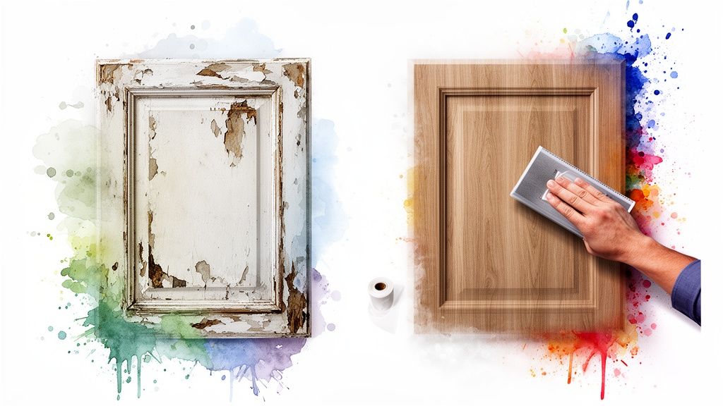 Renovation concept showing old, peeling kitchen cabinet door next to a new wooden one being sanded.