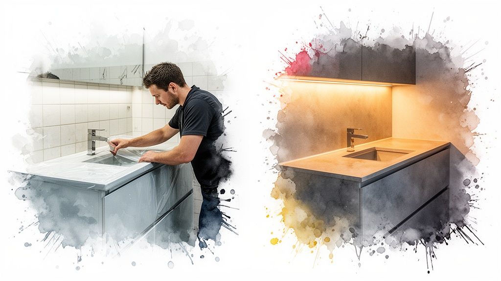 Man installing a sleek bathroom sink on left; modern finished vanity with warm lighting on right.
