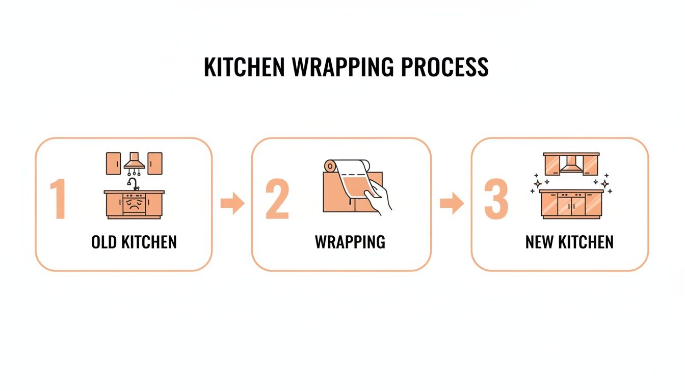 A three-step visual guide showing the kitchen wrapping process from an old kitchen to a sparkling new one.