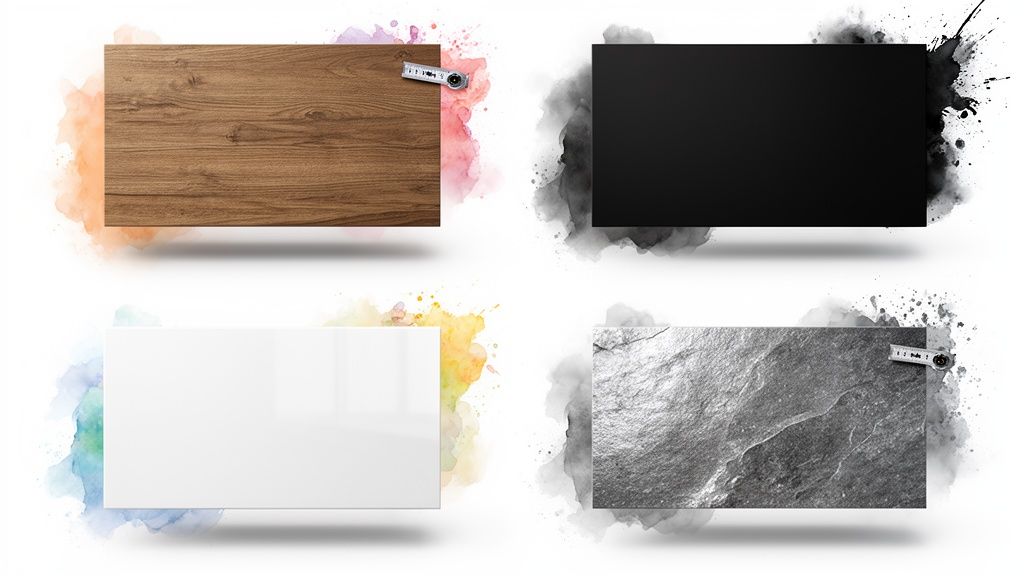 Four panels displaying different textures: wood, black, white, and stone, framed by watercolor splashes.