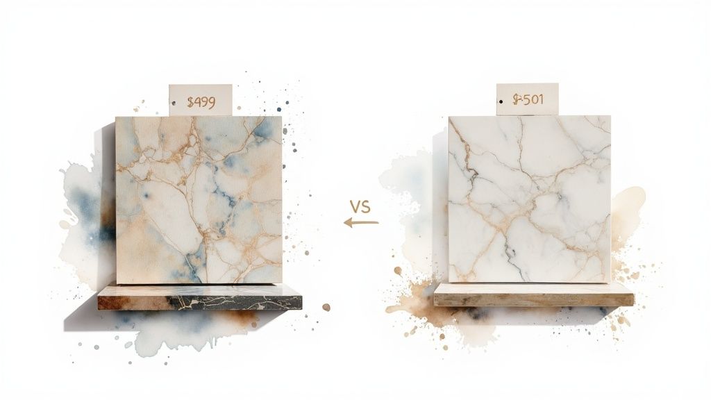 A close-up shot of different high-end material samples like marble, wood, and metal finishes for a kitchen renovation.