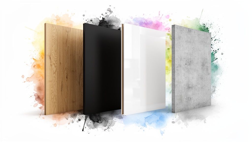 Four rectangular panels showcasing wood, black, white, and concrete textures with colorful watercolor splashes.