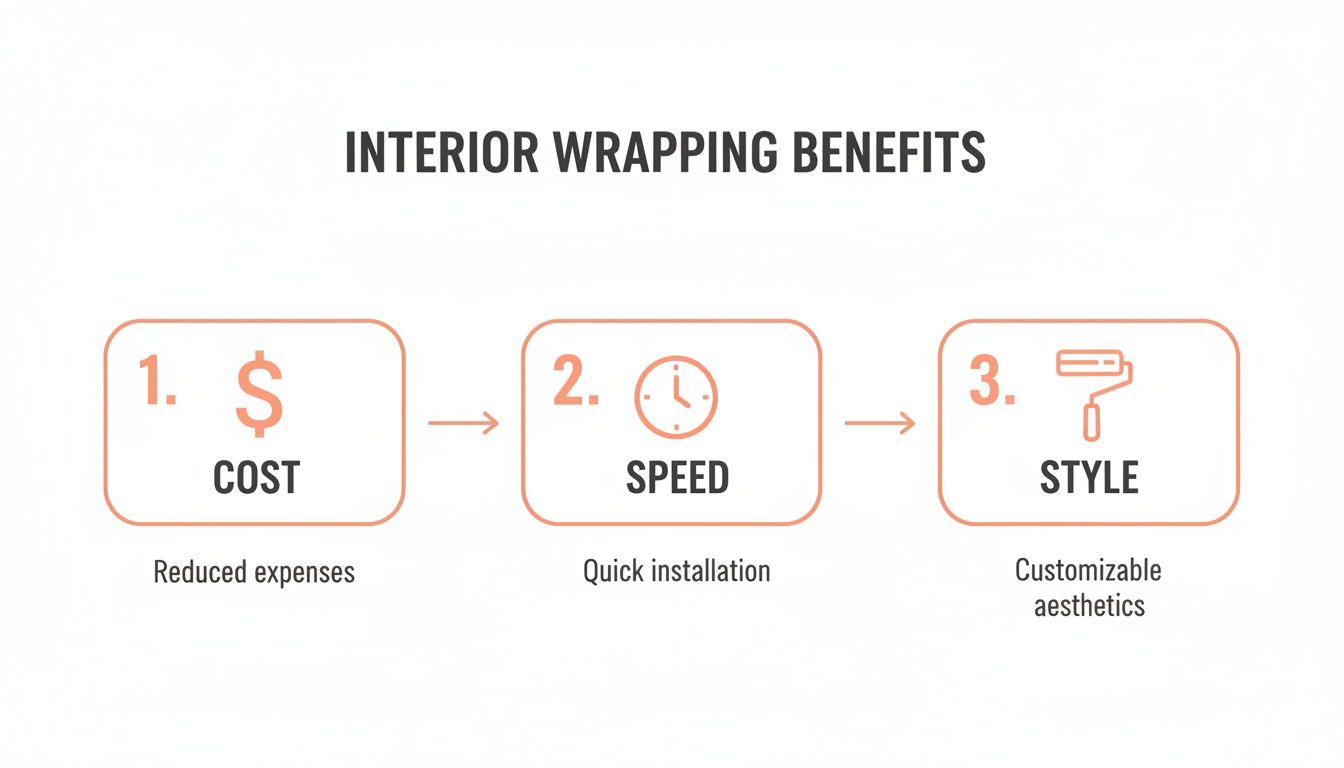 Infographic illustrating the three main benefits of interior wrapping: cost, speed, and style.