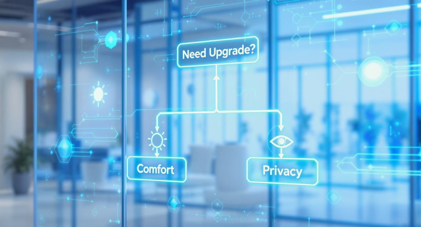 Digital flowchart overlay on glass partitions asks 'Need Upgrade?' leading to 'Comfort' and 'Privacy'.