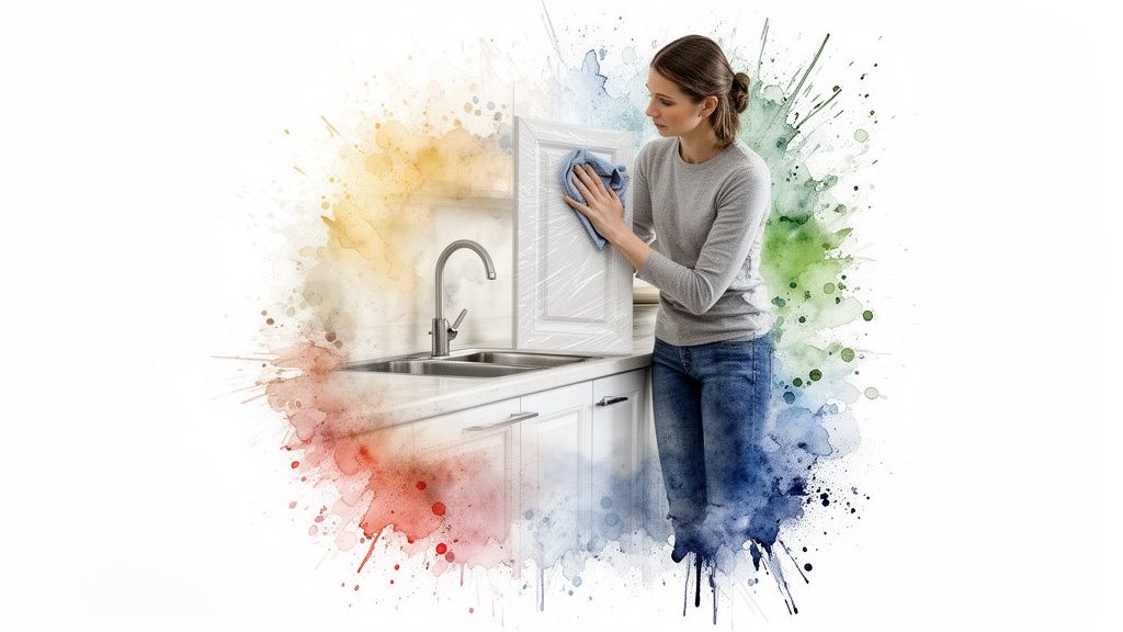 A woman carefully cleaning a white kitchen cabinet with a blue cloth, with colorful watercolor splashes.