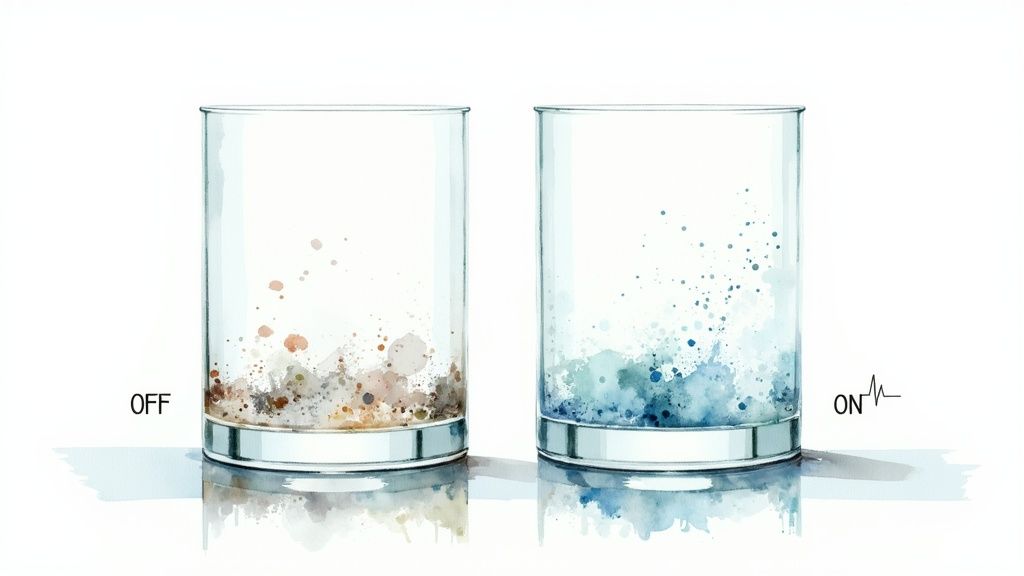 Two glasses illustrate smart film technology: opaque "OFF" and tinted "ON" states.