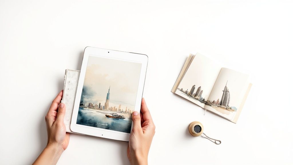 A person's hands hold a tablet displaying a watercolor painting of the Dubai skyline.