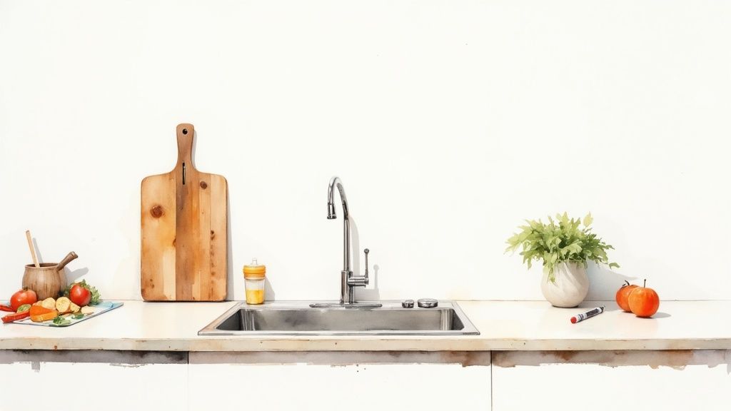 A stylish kitchen with a dark countertop and matching cabinetry