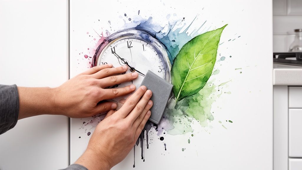 Hands cleaning a white surface with a sponge, featuring a watercolor clock and green leaf.