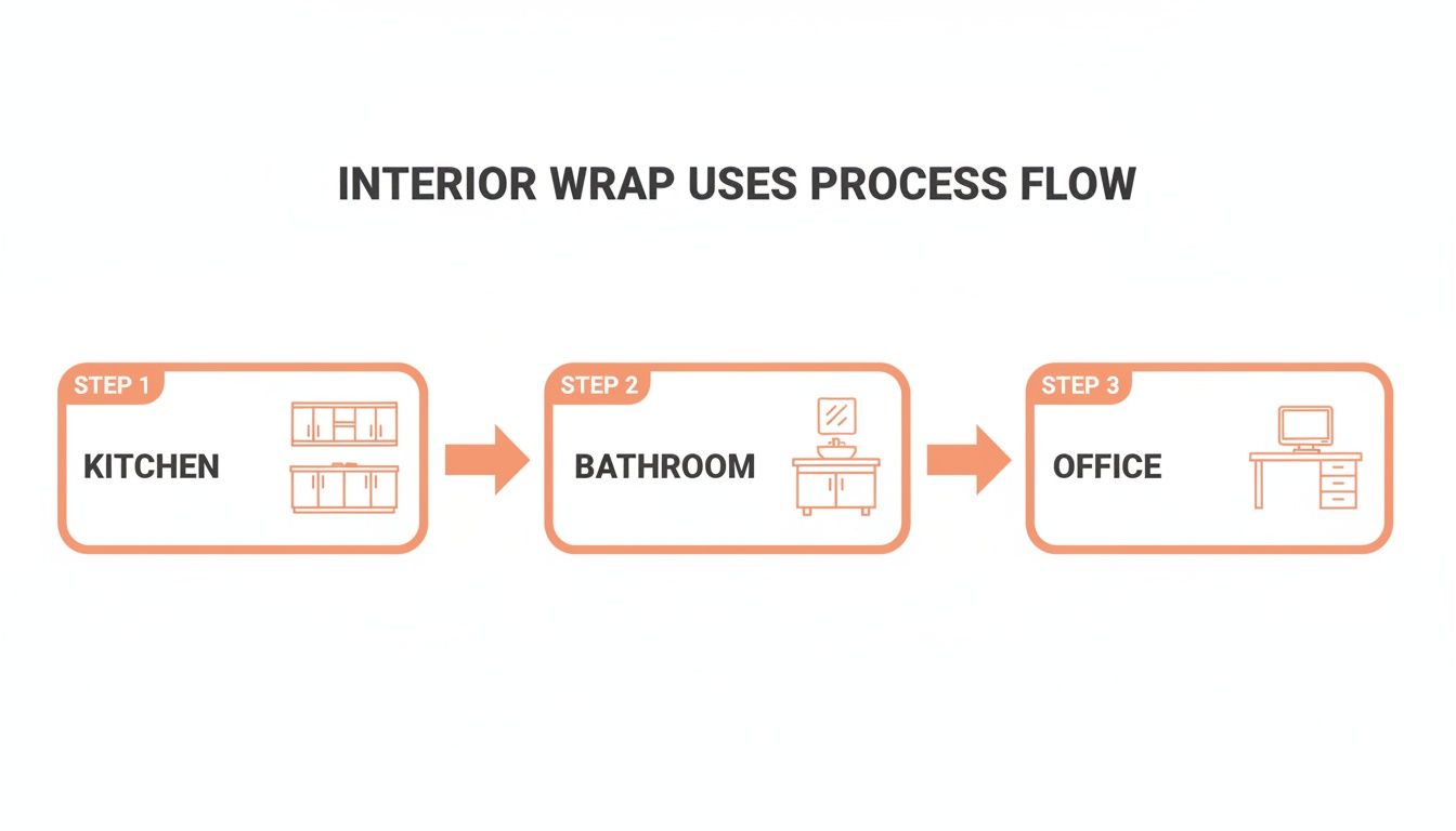 A process flow diagram illustrates the uses of interior wrap in kitchen, bathroom, and office settings.