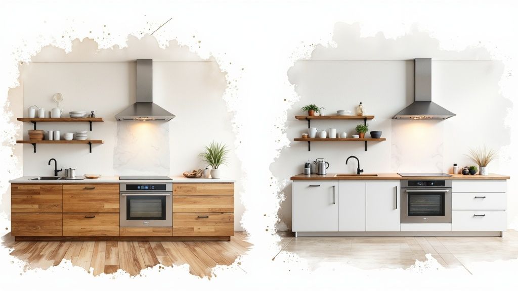 A modern, renovated kitchen with dark cabinets and a clean, minimalist aesthetic.