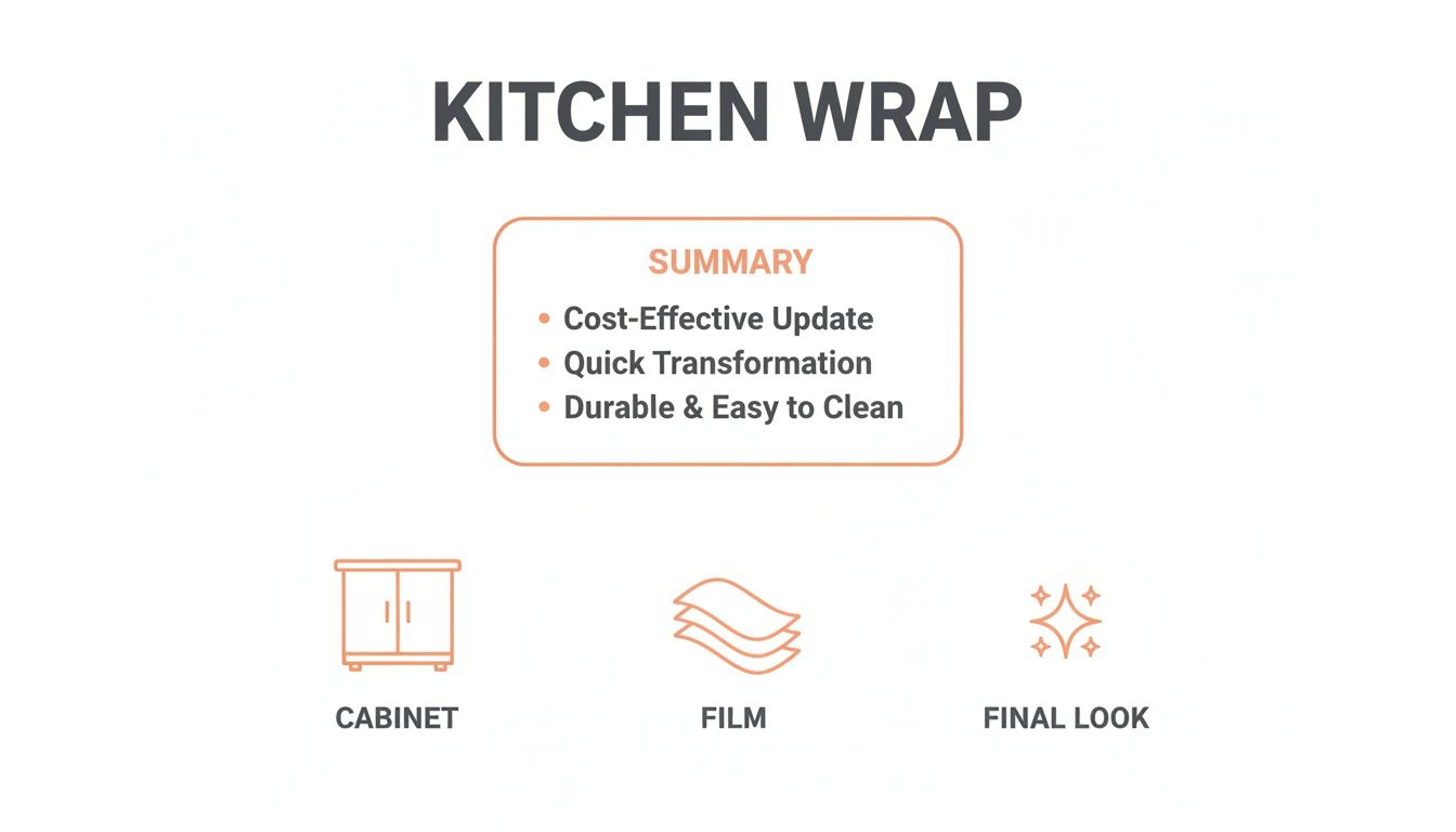 An infographic detailing kitchen wrap benefits such as cost-effective update, quick transformation, and durability.