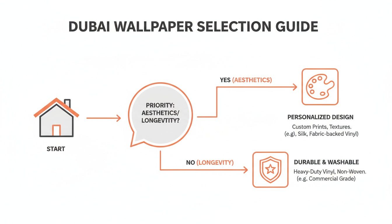 A flowchart guiding wallpaper selection in Dubai based on aesthetics or durability priorities.