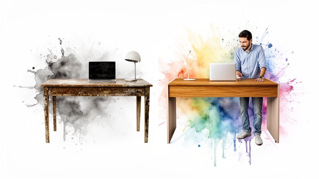 Image showing a messy old desk transforming into a clean, modern workspace with a person.