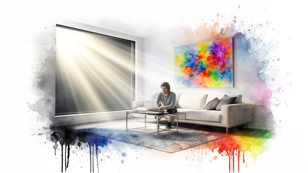 Man working on laptop in a modern home office with a large sunlit window and colorful abstract art.