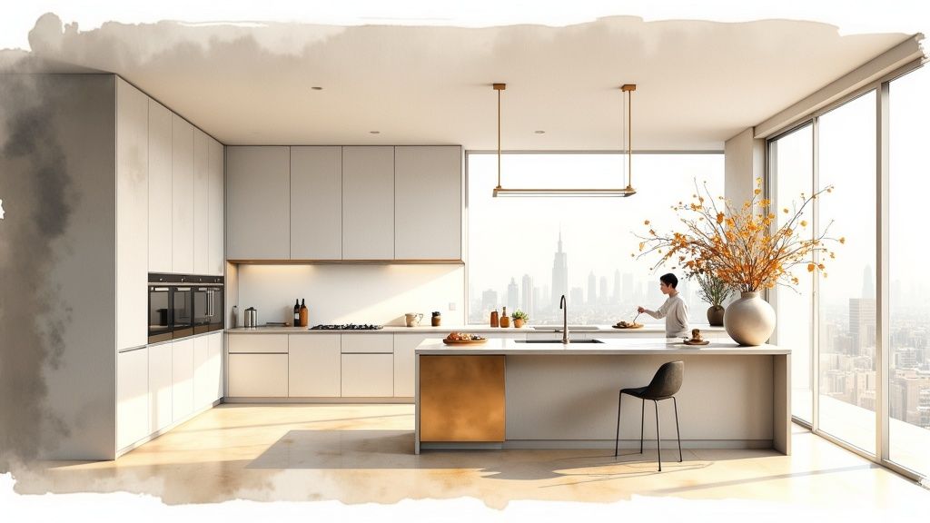 A modern, minimalist kitchen in Dubai with sleek, wrapped cabinets and a marble-effect island.