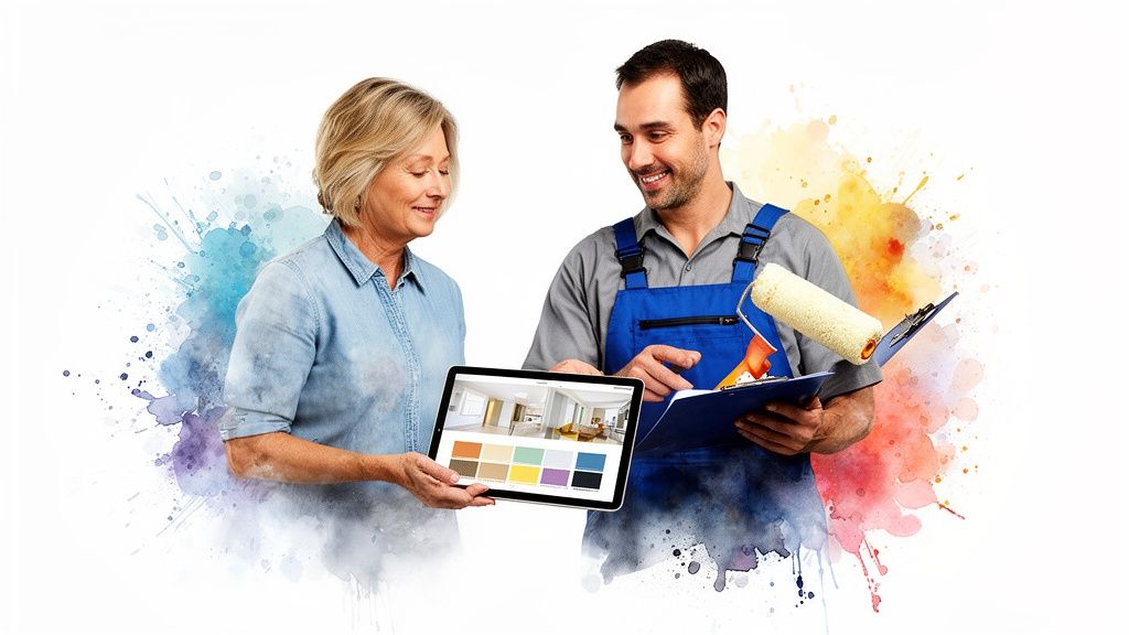 Woman and painter selecting paint colors and room designs on a digital tablet.