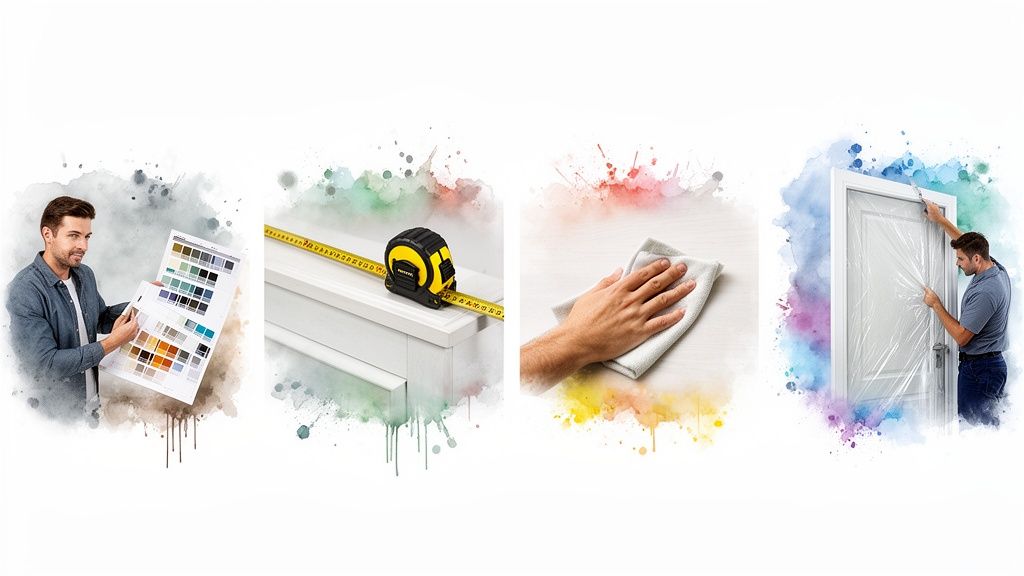 Four panels illustrate home renovation steps: color selection, measurement, cleaning, and door protection.
