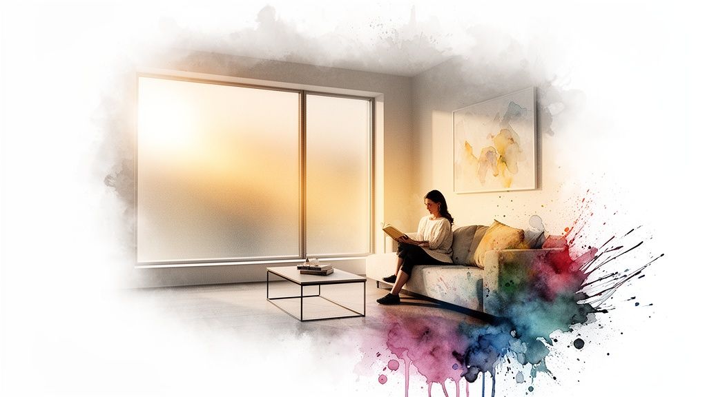 A woman reads a book on a sofa in a bright room with large, privacy-tinted windows.