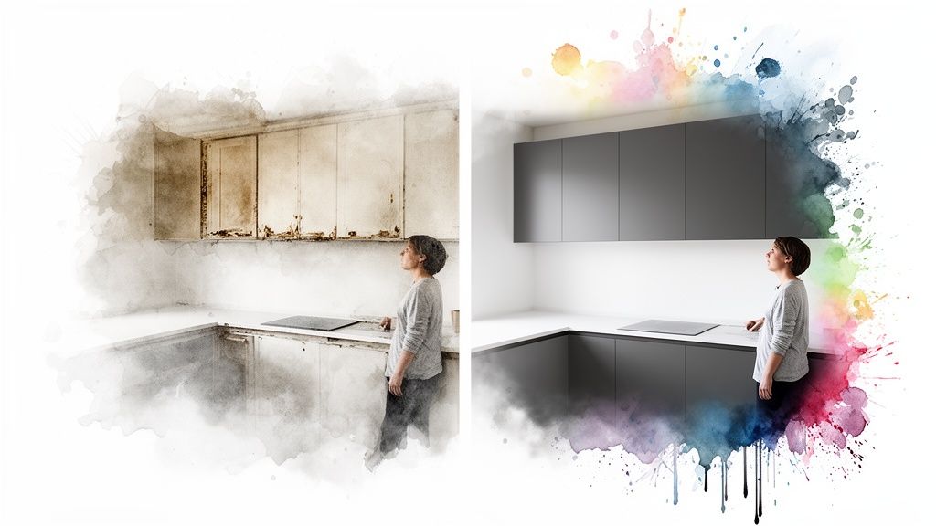 Side-by-side image shows an old, damaged kitchen transformed into a modern one.