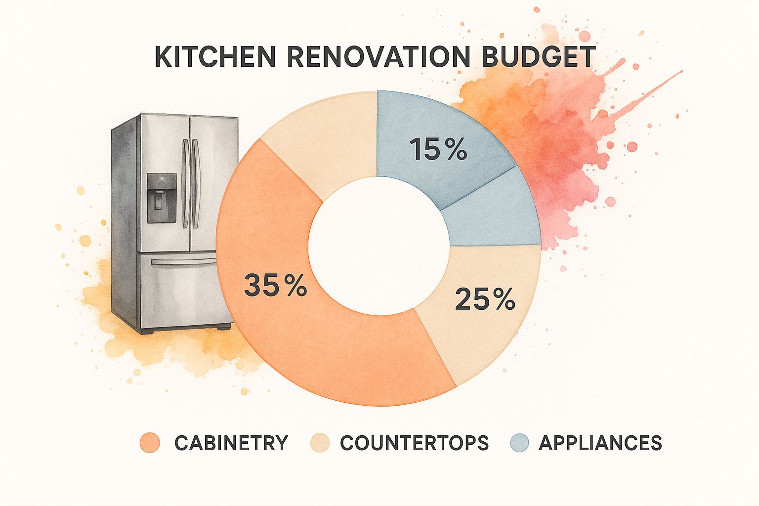 Infographic showing a bar chart of the top three kitchen renovation costs in Dubai: cabinetry at 35%, countertops at 25%, and appliances at 15%.