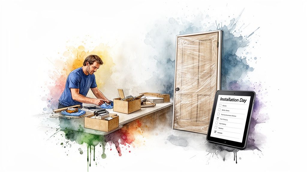 Watercolor sketch of a man installing door hardware, with a wrapped door and an installation checklist.
