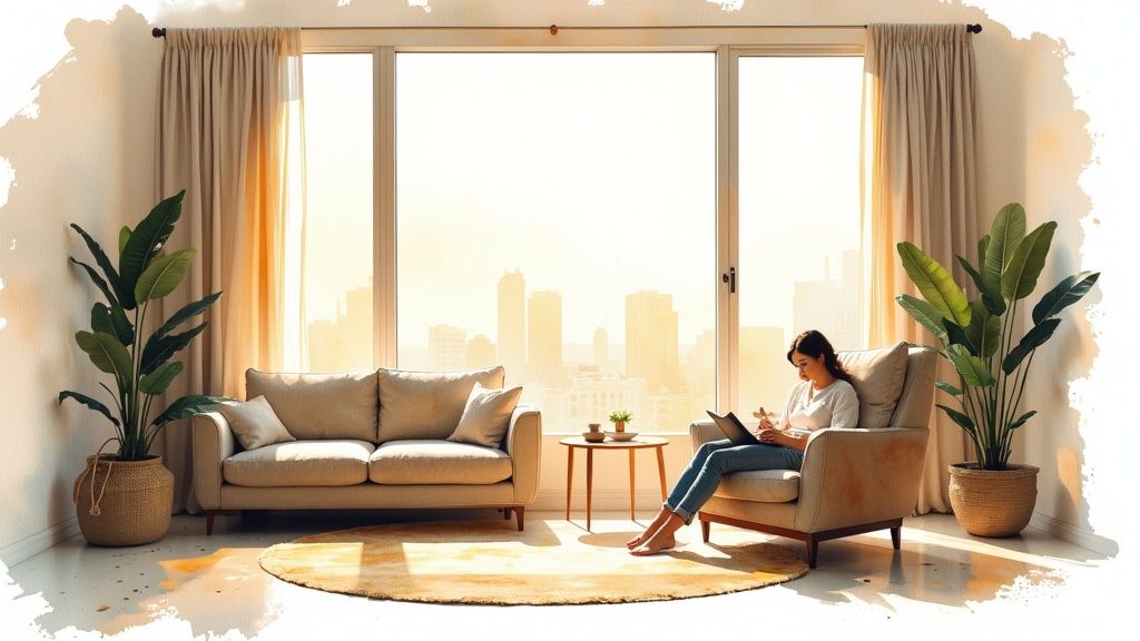 A woman working on a laptop in a sunlit living room with large windows and city views.