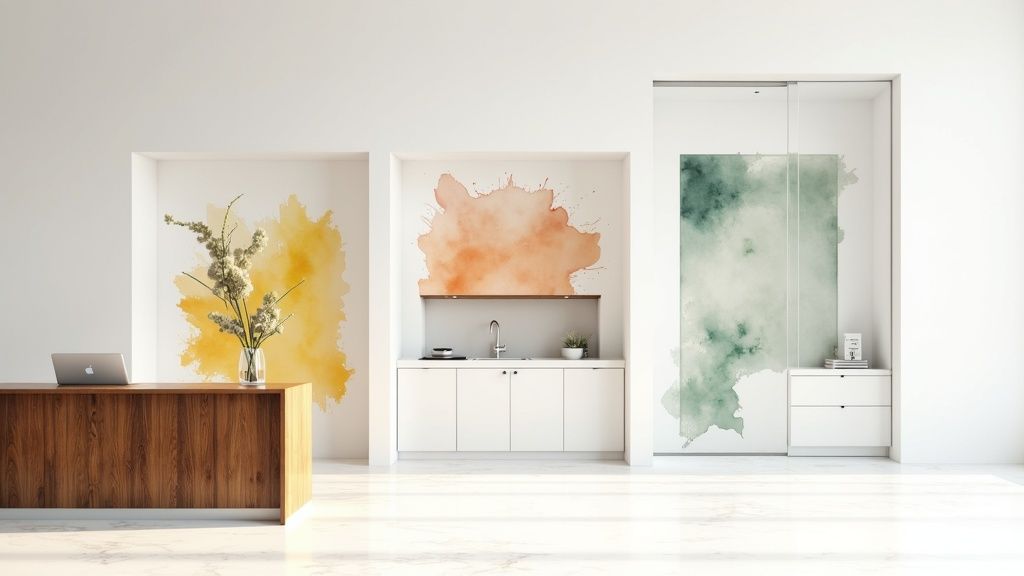 Modern interior with vibrant watercolor wall art, featuring a wooden desk, a white kitchenette, and a glass door.