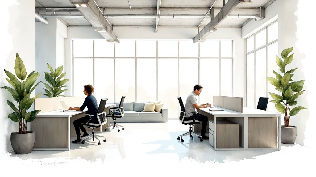 A modern, well-lit office with stylish furniture and plants, representing a successful office renovation.