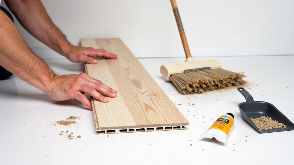 Person installing wooden laminate flooring plank with adhesive tube, broom and dust pan nearby
