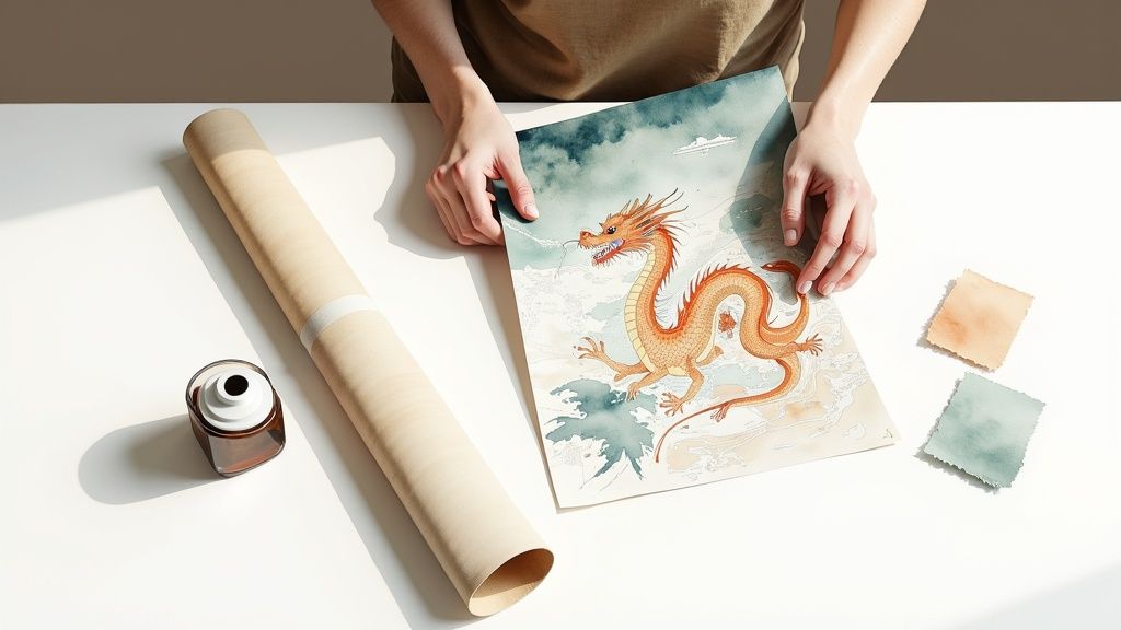 Artist displaying watercolor painting of traditional orange Chinese dragon on white table with art supplies