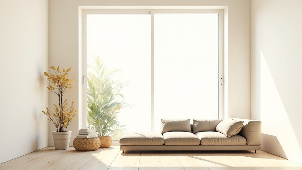 A bright, minimalist living room with a beige sectional sofa, potted plants, and a large sliding glass door.