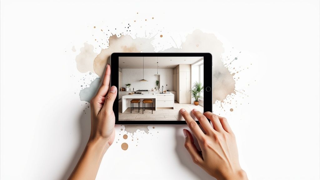 Two hands hold a black tablet displaying a bright, modern kitchen design with watercolor accents.