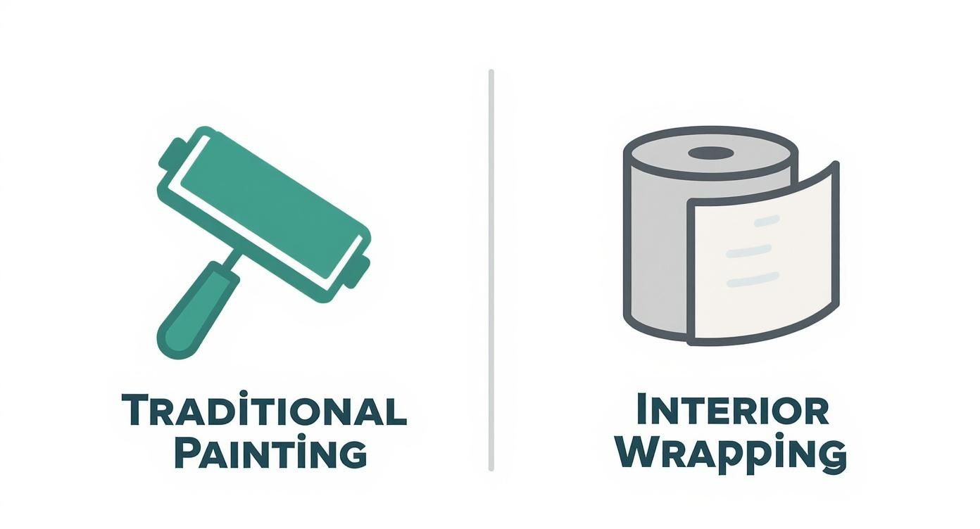 Comparison between traditional painting with roller and interior wrapping for villa renovation options