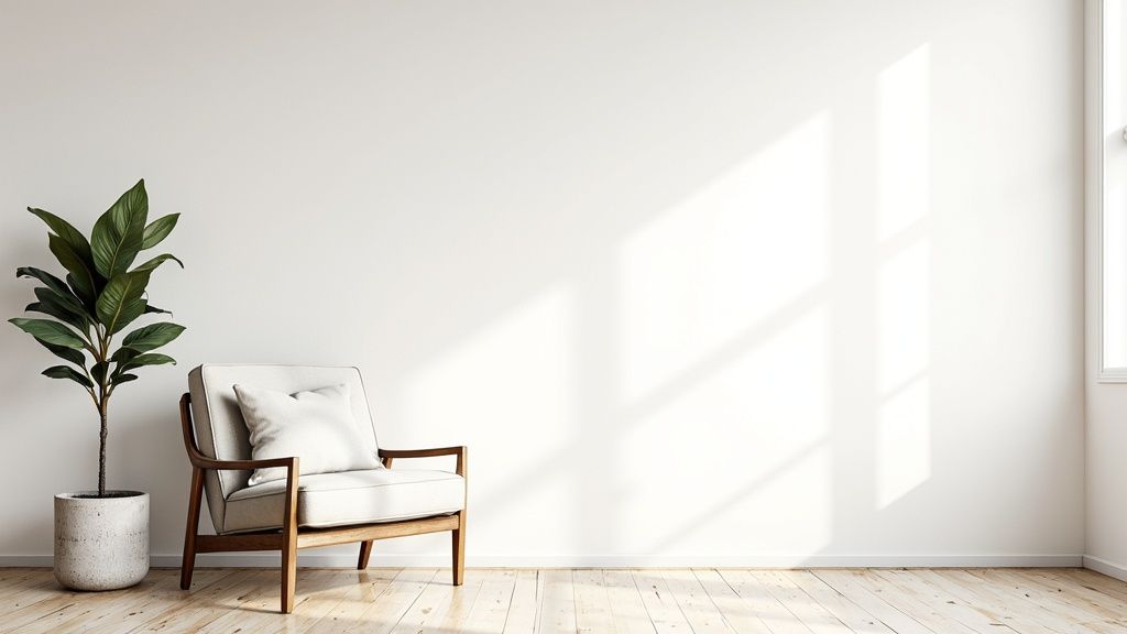 A stylish living room featuring a herringbone feature wall made with stick on tiles.