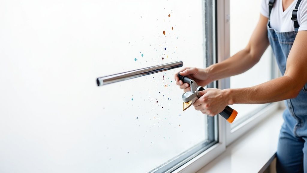 A professional installer carefully applying window film to a residential window.