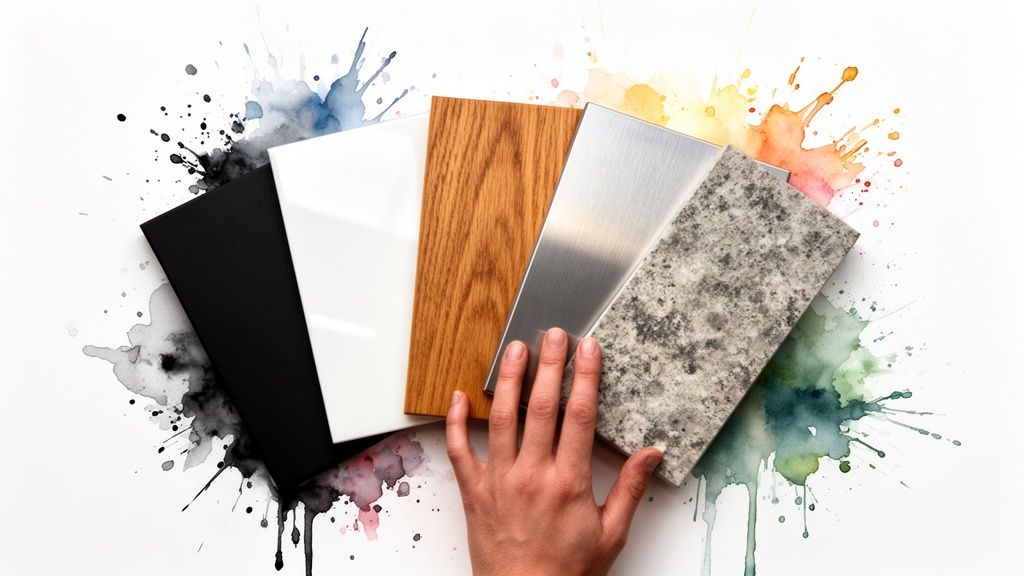 A hand selects various material samples including wood, metal, stone, white, and black on a colorful watercolor background.