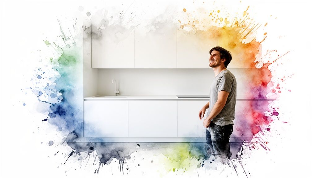 Smiling man in a modern white kitchen framed by vibrant watercolor paint splatters.