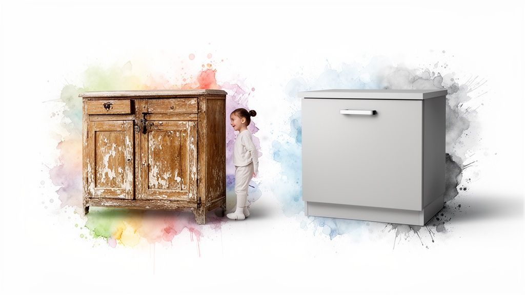 A small child stands between an old, peeling wooden cabinet and a new, grey modern cabinet, surrounded by watercolor splashes.