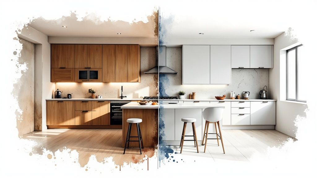 A modern kitchen with sleek, white wrapped cupboards and minimalist design.