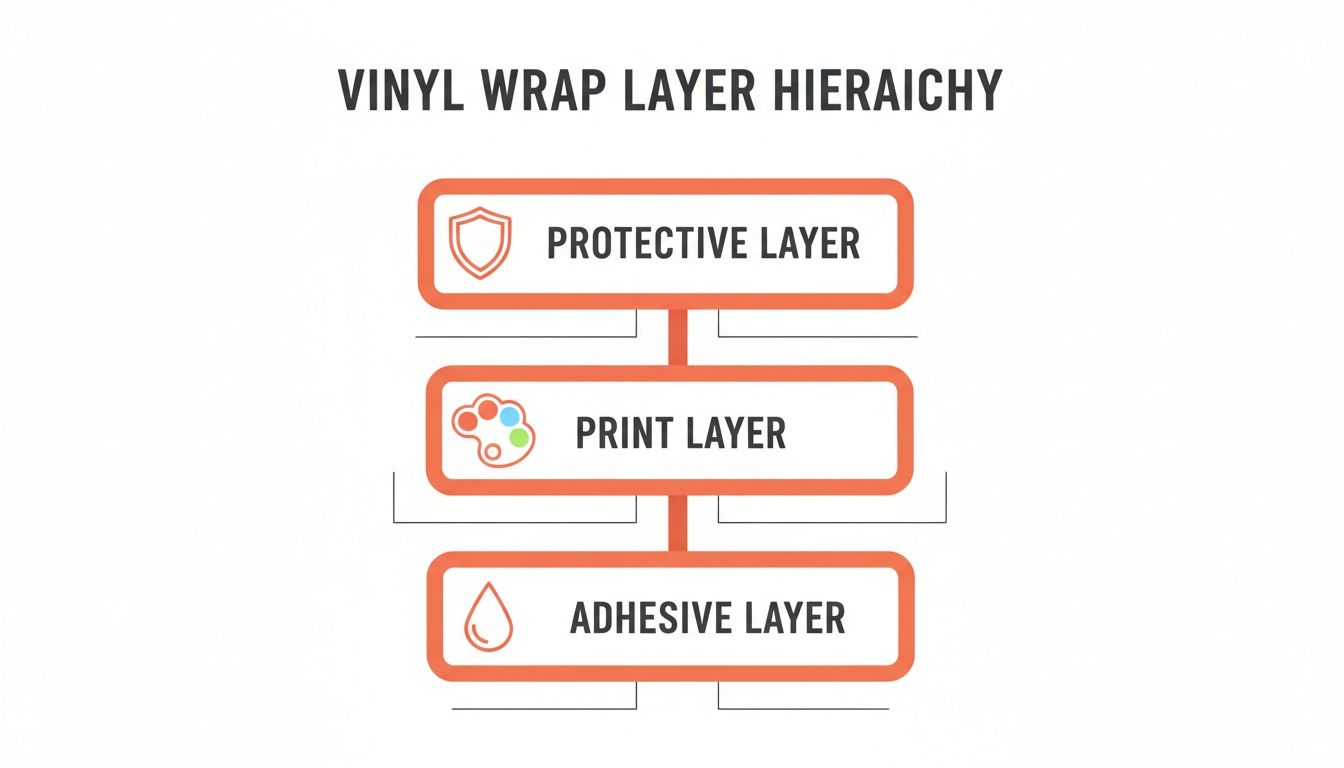 A diagram illustrating the hierarchy of vinyl wrap layers: protective, print, and adhesive.
