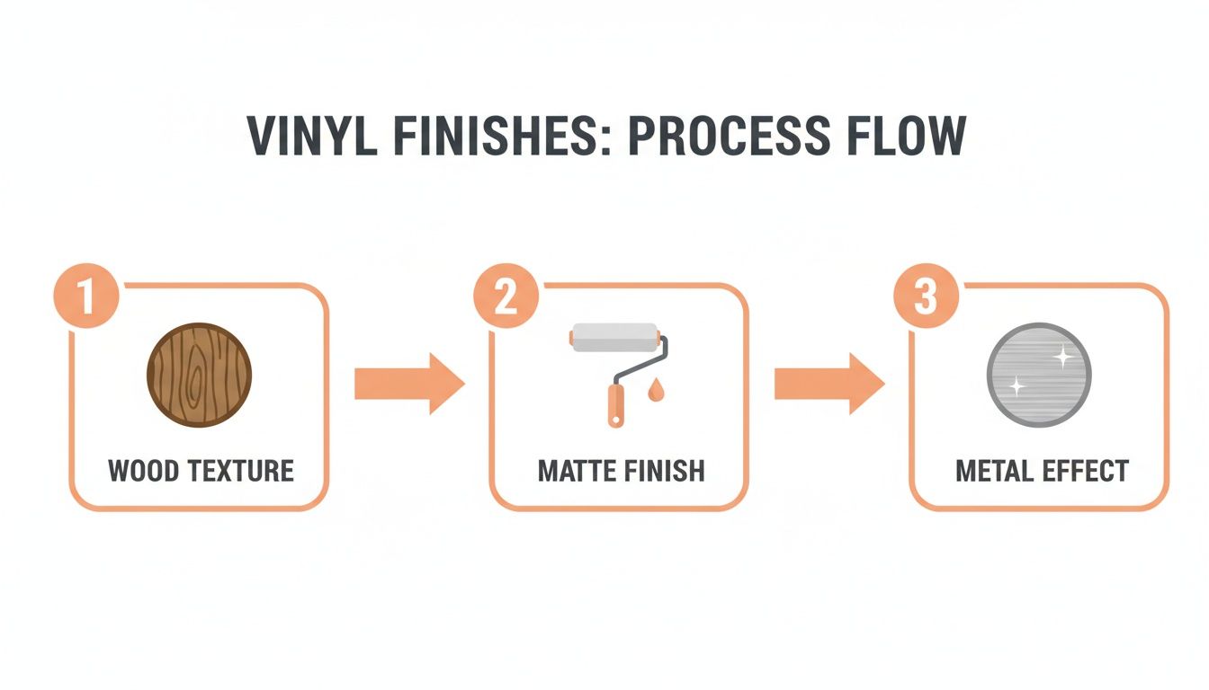 Infographic illustrating the three-step process for vinyl finishes: wood texture, matte, and metal effect.