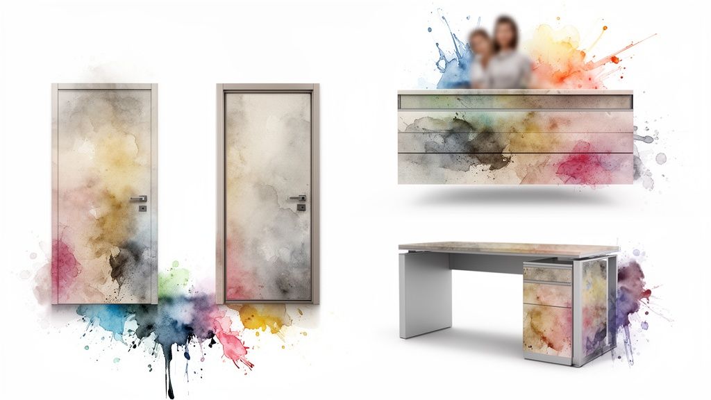 Colorful watercolor splash designs on modern doors, a floating cabinet, and a contemporary desk.