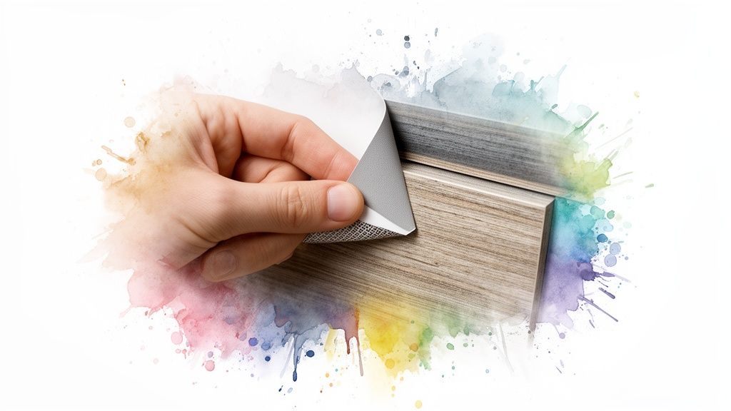 Hand peeling grey vinyl wrap off a textured wooden surface, surrounded by colorful watercolor art.