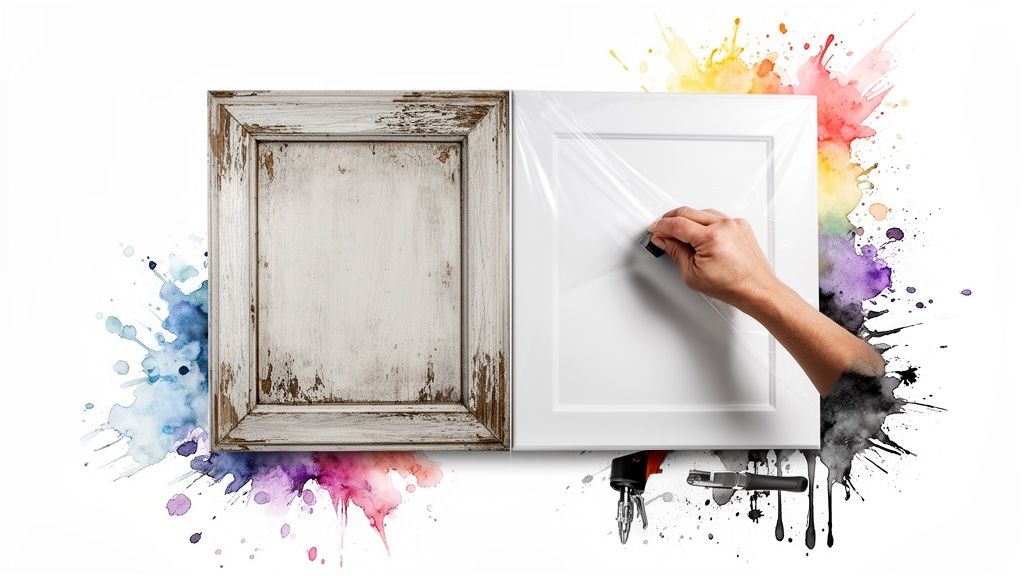 Renovation concept: old cabinet door next to new one protected by film, surrounded by paint.